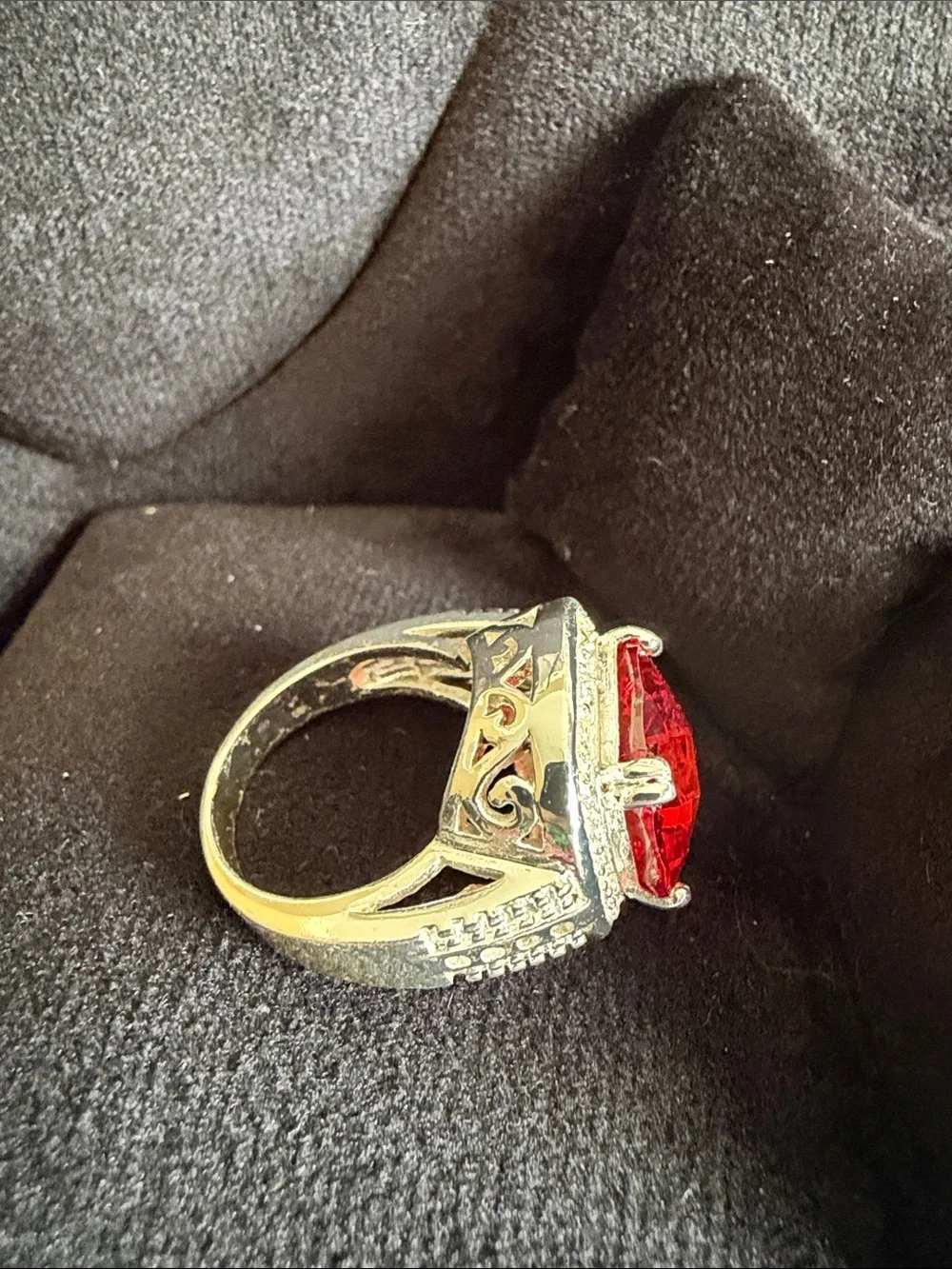 Red Cushion-Cut Cocktail Ring with Antique Silver Setting